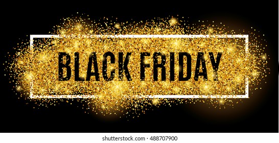 Black friday sale gold glitter background. Black shine gold sparkles background. Super friday sale logo for banner, web, header and flyer, design. Christmas and new year shopping.
