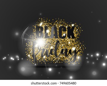 Black friday sale with gold glitter and light effect on black background. Vector illustration.