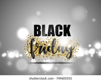 Black friday sale with gold glitter and light effect on silver background. Vector illustration.