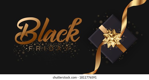 Black friday sale. Gold lettering template design. Black Friday banner with a black gift. Special offer. Vector illustration EPS10