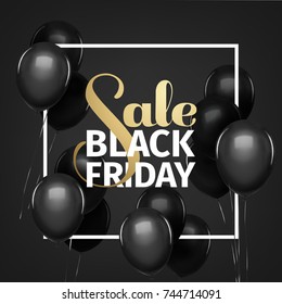 Black friday sale gold lettering. Holiday shopping. Black background. Vector illustration. Black balloons.