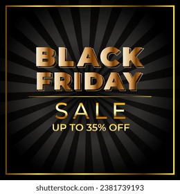 Black Friday Sale mit goldener Schrift und schwarzem Banner mit Rabatt von bis zu 35% . Sonderangebot. Vektorgrafik. Black Friday Sale Banner Template Design für soziale Medien und Website.