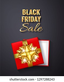 Black Friday Sale Golden glitter sparkle.Open Red Gift box with gold bow and ribbon top view. Vector illustration.