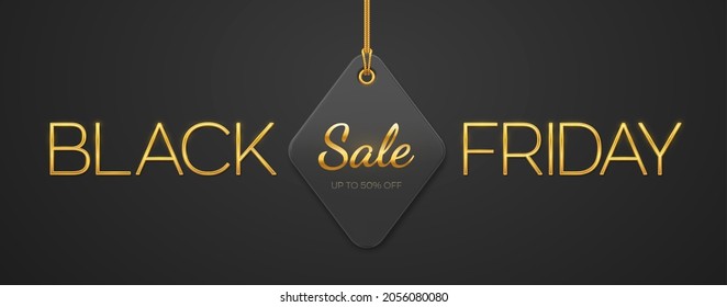 Black Friday Sale. Golden metallic luxury letters BLACK FRIDAY and price tag coupon hanging on gold ropes on black background. Horizontal banner, web site header, poster. Vector illustration.