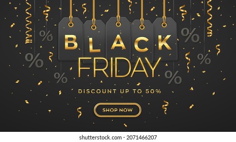 Black Friday Sale. Golden metallic luxury letters BLACK FRIDAY and price tag coupon hanging on gold ropes on black background. Horizontal banner, web site header, poster. Vector illustration.