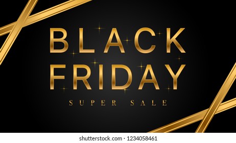 Black Friday sale with golden ribbons on dark background, Sale banner