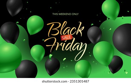 Black Friday sale green background with balloons and serpentine