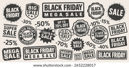 Black Friday Sale grunge stamp vector set. Black Friday retro rubber stamp template collection. Mega sale stamp pack. Seal Black Friday. Vector illustration image. Isolated on white background.