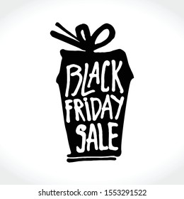 Black Friday Sale. Hand drawn vector template. Hand written words on silhouette background of packing box. Stylish flat design to stimulate sales on Black Friday.