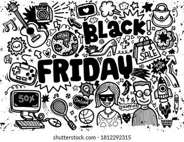 Black Friday sale hand lettering and doodles elements background. Vector hand drawn illustration