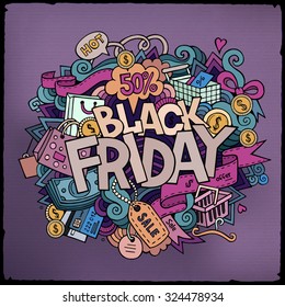 Black Friday sale hand lettering and doodles elements and symbols background. Vector hand drawn illustration