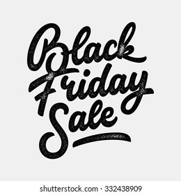 Black Friday Sale letras artesanais, caligrafia com grão de filme, ruído, pontos, textura grunge e fundo claro para logotipo, banners, etiquetas, emblemas, impressões, cartazes, web. Ilustração vetorial.