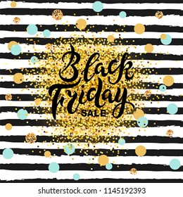 Black Friday sale handwritten lettering for banner, logo, badge, web, poster. Discount time. Vector illustration isolated on background with black stripes.
