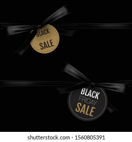 Black Friday sale hang tag in gold brown, black and white with black vector ribbon bow.