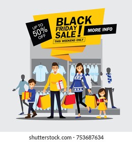 Black Friday Sale Happy family shopping. Cartoon Character Poster Vector Illustration