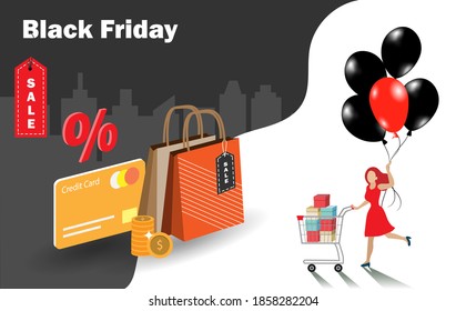 Black friday sale. Happy woman with shopping cart full of gift boxes holding black and red balloons with credit card and shopping bags. Poster, template design on sales event promotion concept.