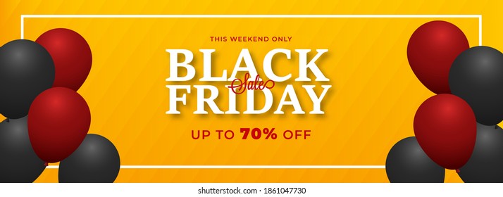Black Friday Sale Header or Banner Design with 70% Discount Offer and Realistic Balloon Bunch on Yellow Striped Background.