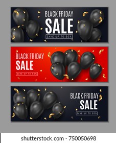 Black Friday Sale Horisontal Web Banners. Flying Shine Balloons on White Black and Red Background with Golden Confetti. Shopping Day sale offer, banner template.  Autumn Shop poster design. Vector