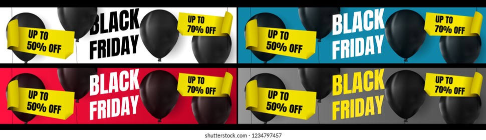 Black friday sale horizontal banner set web banners for shopping, sale, product promotion.Dark Balloons with 50off 70off sticker on white gray purple background, design marketing flyer or card.Vector
