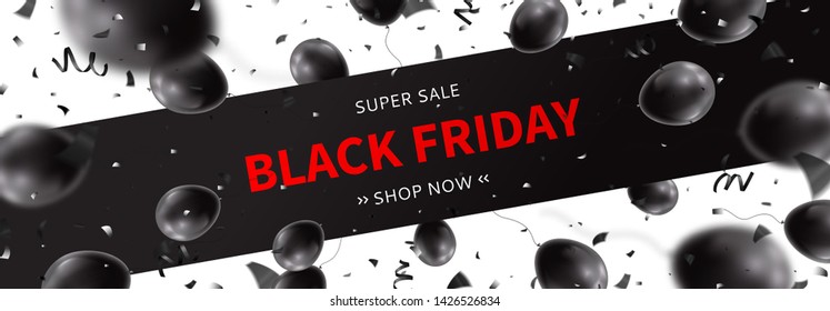 Black Friday sale horizontal banner. Realistic air black balloons with serpentine and confetti on white background. Seasonal discount offer. Vector illustration.
