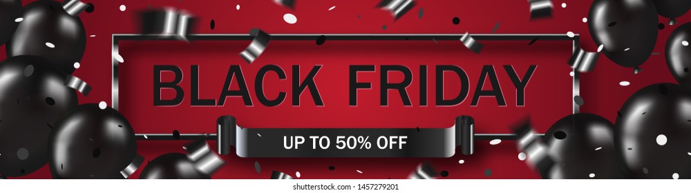 Black friday sale horizontal banner with glossy shiny black balloons and confetti serpentine on red background