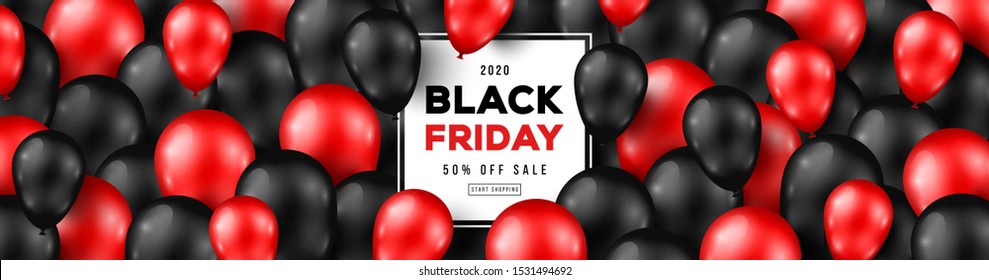 Black Friday Sale Horizontal Banner with Black and Red Shiny Balloons. Square Frame and Place for Text. Vector illustration.