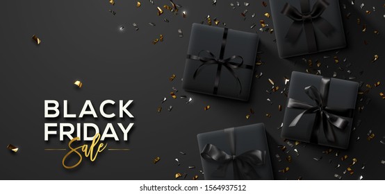 Black Friday Sale. Black Friday Horizontal Banner. Gift boxes and confetti  over dark background.