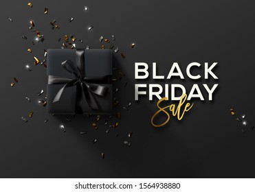 Black Friday Sale. Black Friday Horizontal Banner. Gift box and confetti  over dark background.