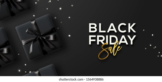 Black Friday Sale. Black Friday Horizontal Banner. Gift boxes and confetti  over dark background.