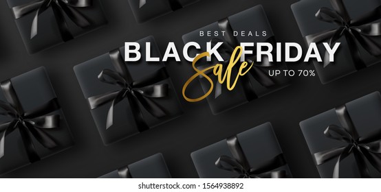 Black Friday Sale. Black Friday Horizontal Banner. Pattern of gift boxes over dark background. 