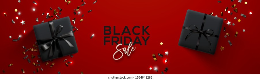Black Friday Sale. Black Friday Horizontal Banner. Gift boxes over red background.