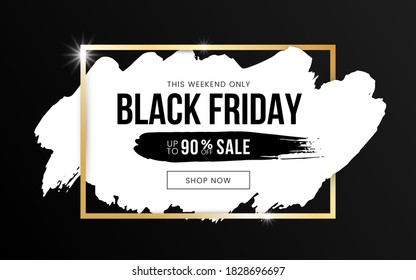 Black friday sale horizontal banner design with white brushstroke and golden frame on black background. Social media template for flyer, poster, shopping, discount, promo, ad, web. Vector illustration
