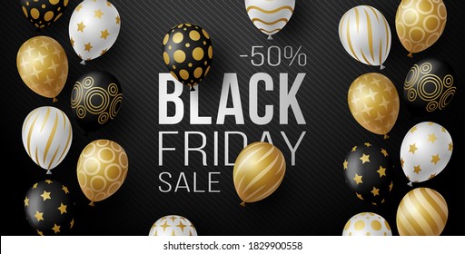 Black Friday Sale Horizontal Banner with black, white and gold Shiny Balloons on black Background with Place for text. Vector illustration. 