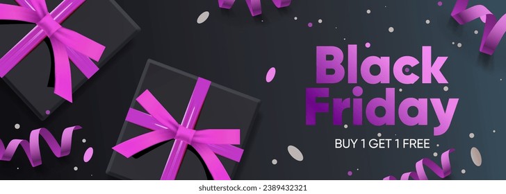 Black Friday sale horizontal banner. Flying glossy pink and black balloons. Falling confetti. Vector illustration