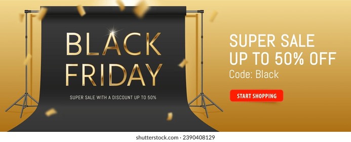 Black Friday sale horizontal banner. Limited time offer. Website header with golden flying confetti. 3d luxury offer banner with red push button. Black photo studio frame, background. 50% off sale.
