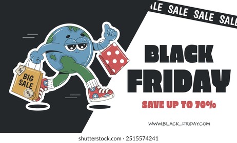 Black Friday Sale horizontal banner with retro cartoon Earth character. Template for social media posts, websites, email and advertisement. Groovy style vector illustration.