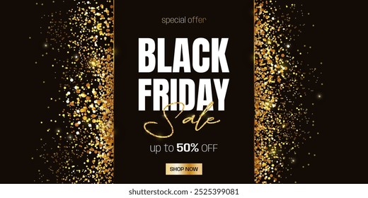 Black Friday Sale horizontal banner with golden glitter, text, and glare. Luxurious background for advertising, social media posts, promotion, web banners. Modern discount background. Vector template.