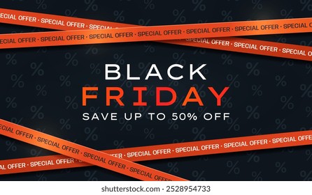 Anuncio Horizontal Black Friday Sale con cintas de advertencia rojas y texto. Abstractas fondo simple para publicidad, publicaciones en redes sociales, promoción, Anuncios de Web. Fondo de descuento moderno. Plantilla de Vector