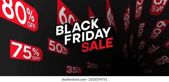 Black Friday Sale Horizontal Banner with Red Discount Tags Background with Place for text. 80%, 75%, 60%, 50%, 45%, 35%, 25%, 15%, and 10% discount tags. Big sale. Graphic elements.Vector illustration