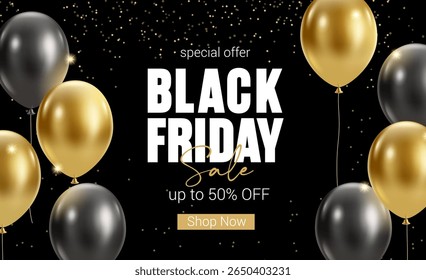 Vente de Black Friday bannière horizontale avec paillettes dorées et ballons. Arrière-plan luxueux pour la publicité, les messages de moyennes sociales, la promotion, les bannières de web. Arrière-plan de réduction moderne. template Image vectorielle.

