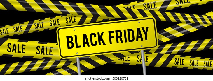 Black Friday sale horizontal banner for the site. Vector illustration of a road sign and yellow ribbons caution super sale