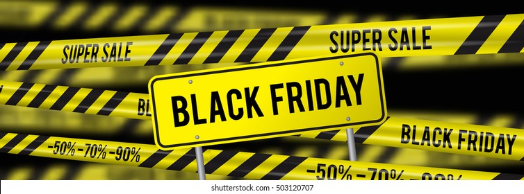 Black Friday sale horizontal banner for the site. Vector illustration of a road sign and yellow ribbons caution super sale