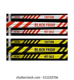Black Friday sale horizontal banner for the site. Vector illustration of a road sign and yellow, red-white ribbons caution super sale