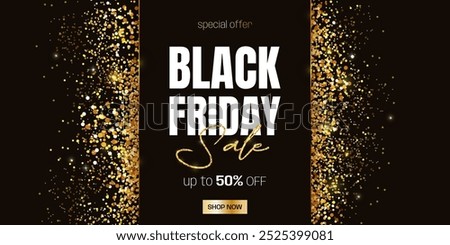 Black Friday Sale horizontal banner with golden glitter, text, and glare. Luxurious background for advertising, social media posts, promotion, web banners. Modern discount background. Vector template.