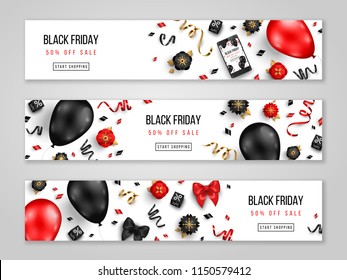 Black Friday sale horizontal banners with 3d balloons, confetti and flowers on white background. Vector illustration. Place for text.