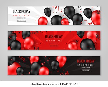 Black Friday Sale horizontal banners with 3d balloons and confetti. Vector illustration. Place for text.