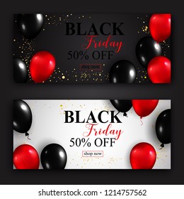 Black Friday sale horizontal banners. Flying glossy balloons on white and black background. Vector illustration