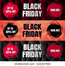 Black Friday Sale Horizontal Banners Set. 
Pink Gold and Purple Brush on Black and Gold Abstract background. Vector Illustration