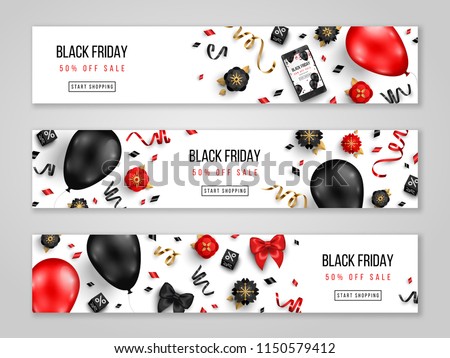 Black Friday sale horizontal banners with 3d balloons, confetti and flowers on white background. Vector illustration. Place for text.