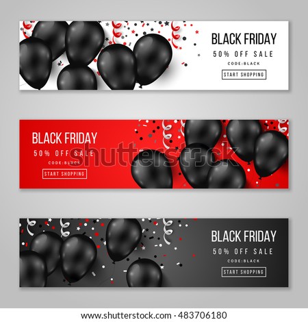 Black Friday Sale Horizontal Banners Set. Flying Glossy Balloons on White and Red Background. Falling Confetti and Serpentine. Vector illustration.